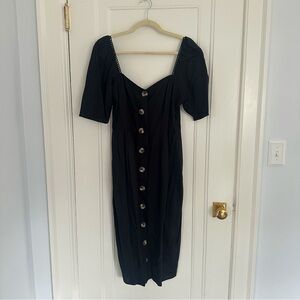 Black Linen Button Front Midi Dress
